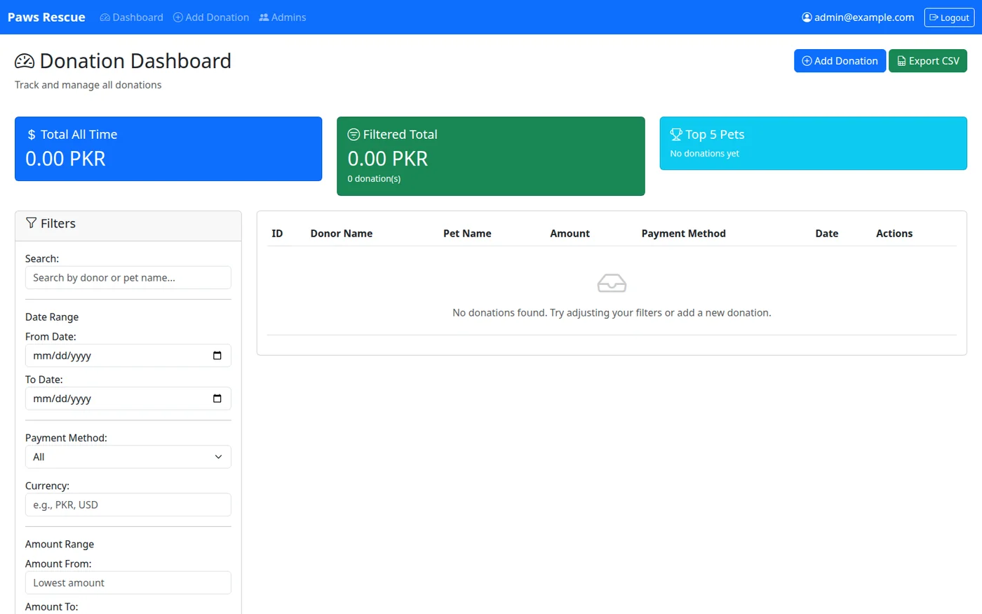 Screenshot of the Paws Rescue donation dashboard