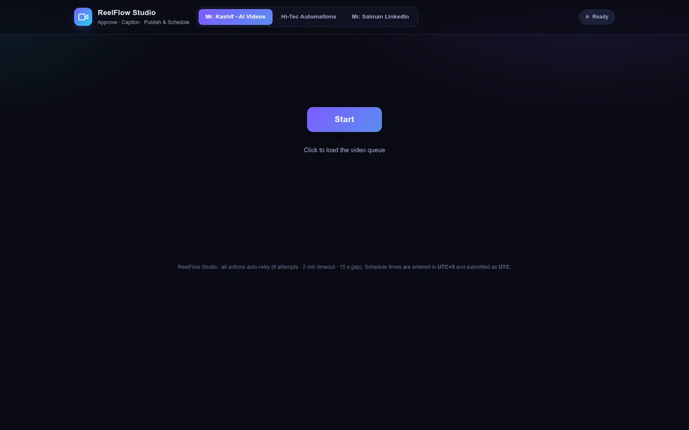Screenshot of the ReelFlow Studio UI