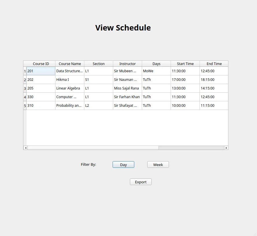Screenshot of the University Enrollment System schedule view
